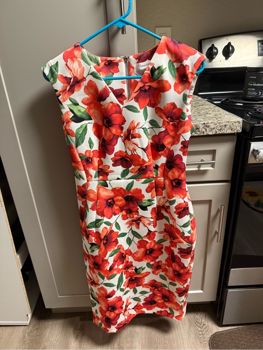 Calvin Klein White Dress with Red Floral Print